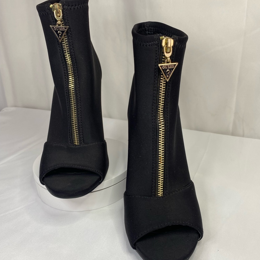 Guess Black Heeled Boots with Open Toe and Gold Zipper